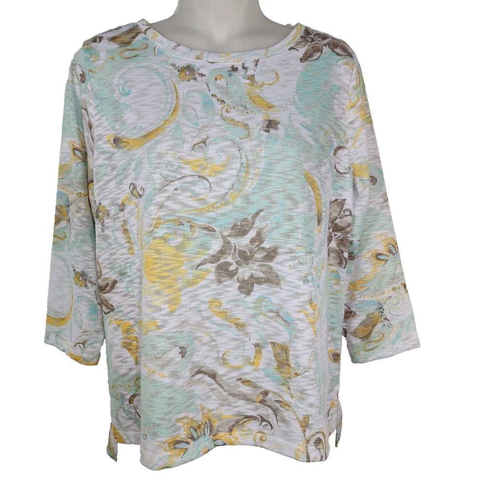 Chicos Top Womens Size 0 Small Mint Green Ivory Floral Sheer Knit 3/4 Sleeve